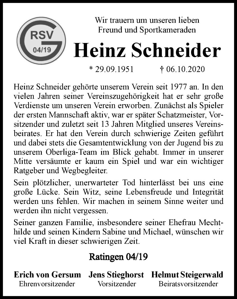  Traueranzeige für Heinz Schneider vom 15.10.2020 aus WVW Anzeigenblätter
