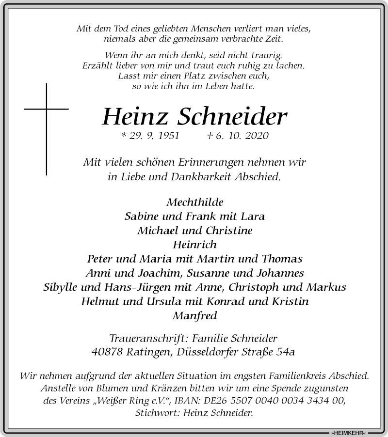  Traueranzeige für Heinz Schneider vom 15.10.2020 aus WVW Anzeigenblätter