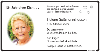 Traueranzeige von Helene Saßmannshausen von WVW Anzeigenblätter