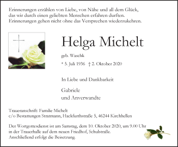 Traueranzeige von Helga Michelt von WVW Anzeigenblätter