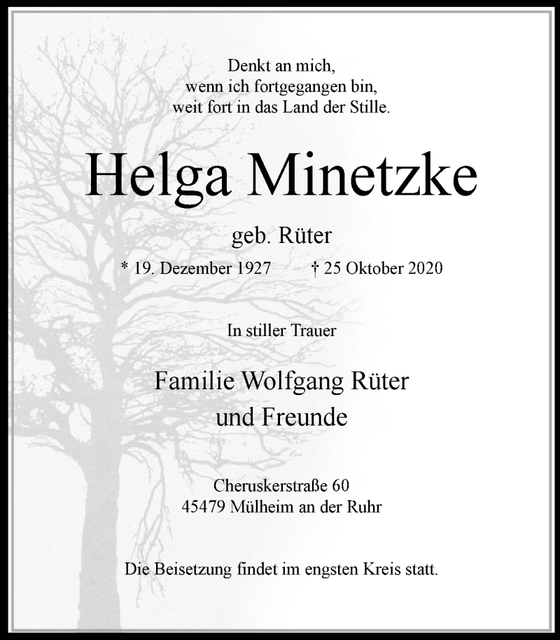 Traueranzeige für Helga Minetzke vom 28.10.2020 aus WVW Anzeigenblätter