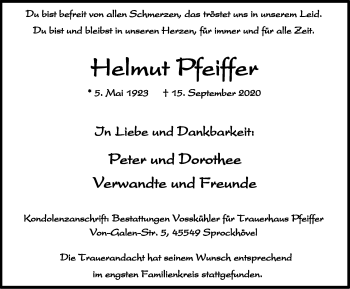 Traueranzeige von Helmut Pfeiffer von WVW Anzeigenblätter