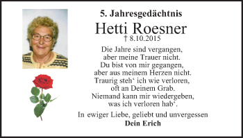 Traueranzeige von Hetti Roesner von WVW Anzeigenblätter