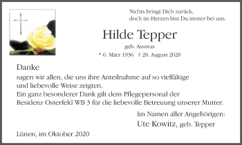 Traueranzeige von Hilde Tepper von WVW Anzeigenblätter