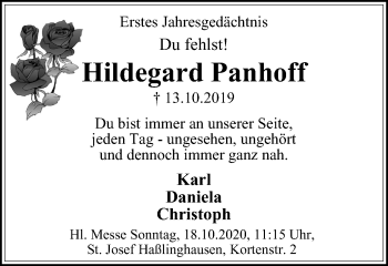 Traueranzeige von Hildegard Panhoff von WVW Anzeigenblätter