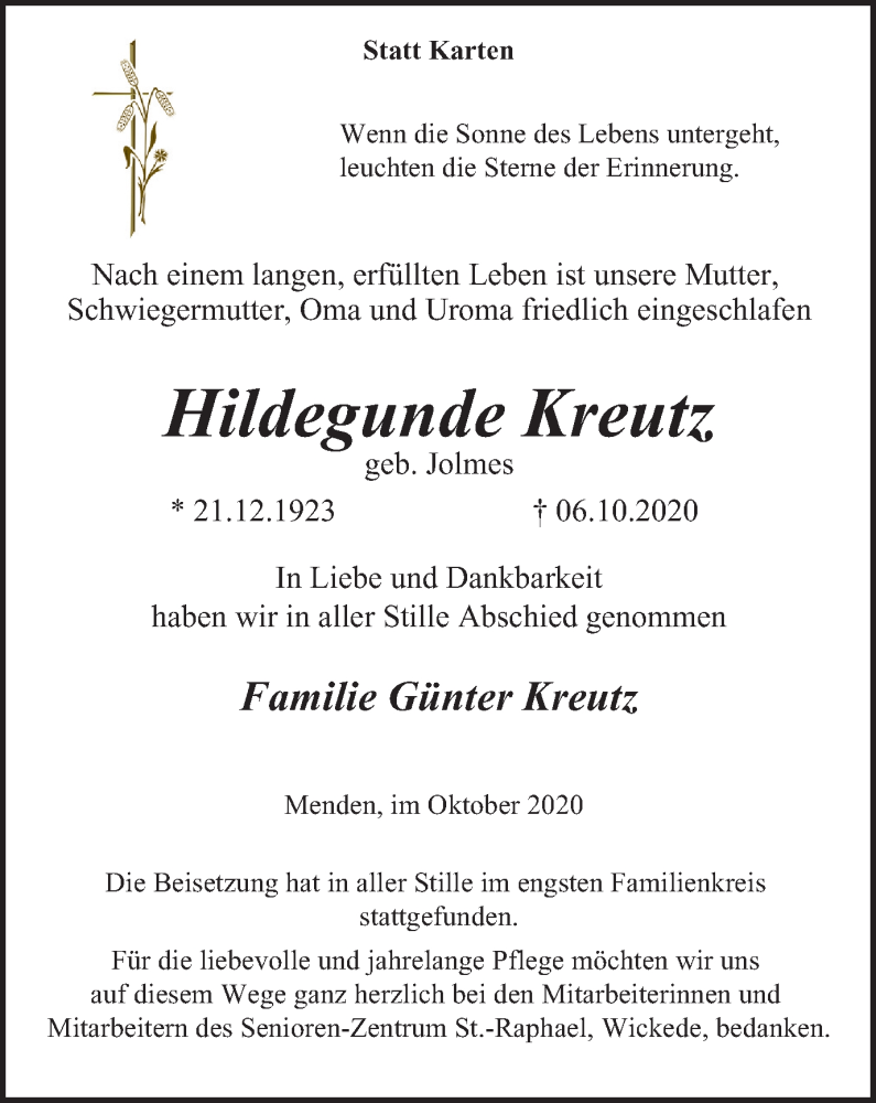  Traueranzeige für Hildegunde Kreutz vom 24.10.2020 aus WVW Anzeigenblätter
