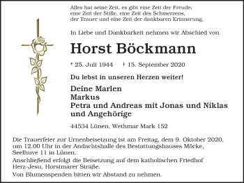 Traueranzeige von Horst Böckmann von WVW Anzeigenblätter