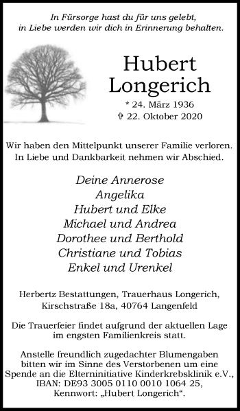 Traueranzeige von Hubert Longerich von WVW Anzeigenblätter