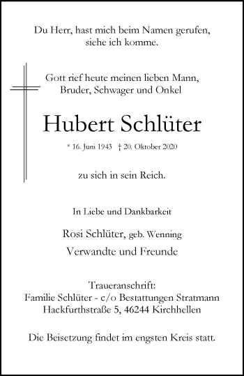 Traueranzeige von Hubert Schlüter von WVW Anzeigenblätter