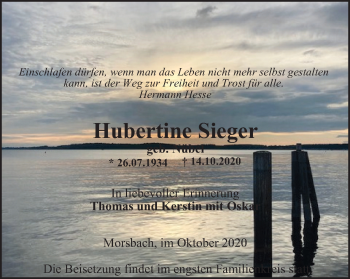 Traueranzeige von Hubertine Sieger von WVW Anzeigenblätter