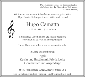 Traueranzeige von Hugo Camatta von WVW Anzeigenblätter