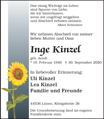 Traueranzeige von Inge Kinzel von WVW Anzeigenblätter