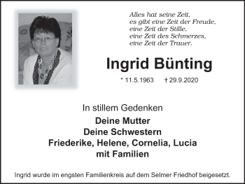 Traueranzeige von Ingrid Bünting von WVW Anzeigenblätter