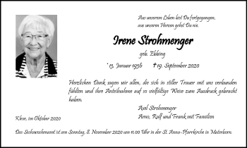 Traueranzeige von Irene Strohmenger von WVW Anzeigenblätter