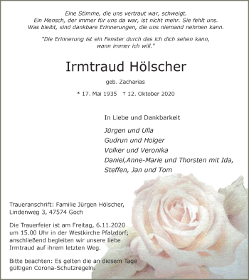 Traueranzeige von Irmtraud Hölscher von WVW Anzeigenblätter