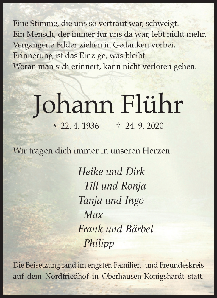  Traueranzeige für Johann Flühr vom 02.10.2020 aus WVW Anzeigenblätter