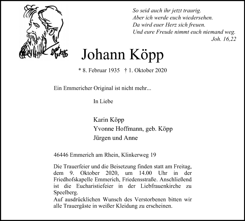  Traueranzeige für Johann Köpp vom 07.10.2020 aus WVW Anzeigenblätter