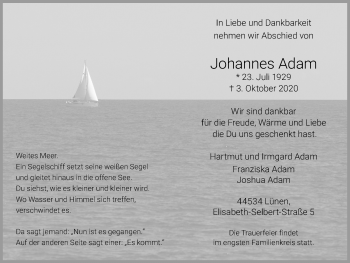 Traueranzeige von Johannes Adam von WVW Anzeigenblätter