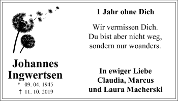 Traueranzeige von Johannes Ingwertsen von WVW Anzeigenblätter