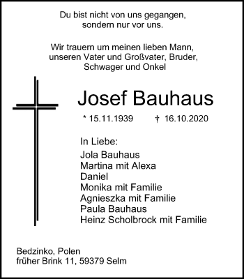 Traueranzeige von Josef Bauhaus von WVW Anzeigenblätter