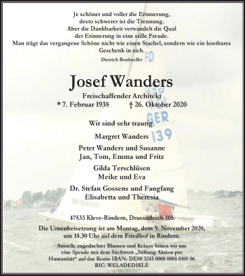 Traueranzeige von Josef Wanders von WVW Anzeigenblätter