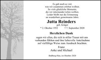 Traueranzeige von Jutta Reinders von WVW Anzeigenblätter