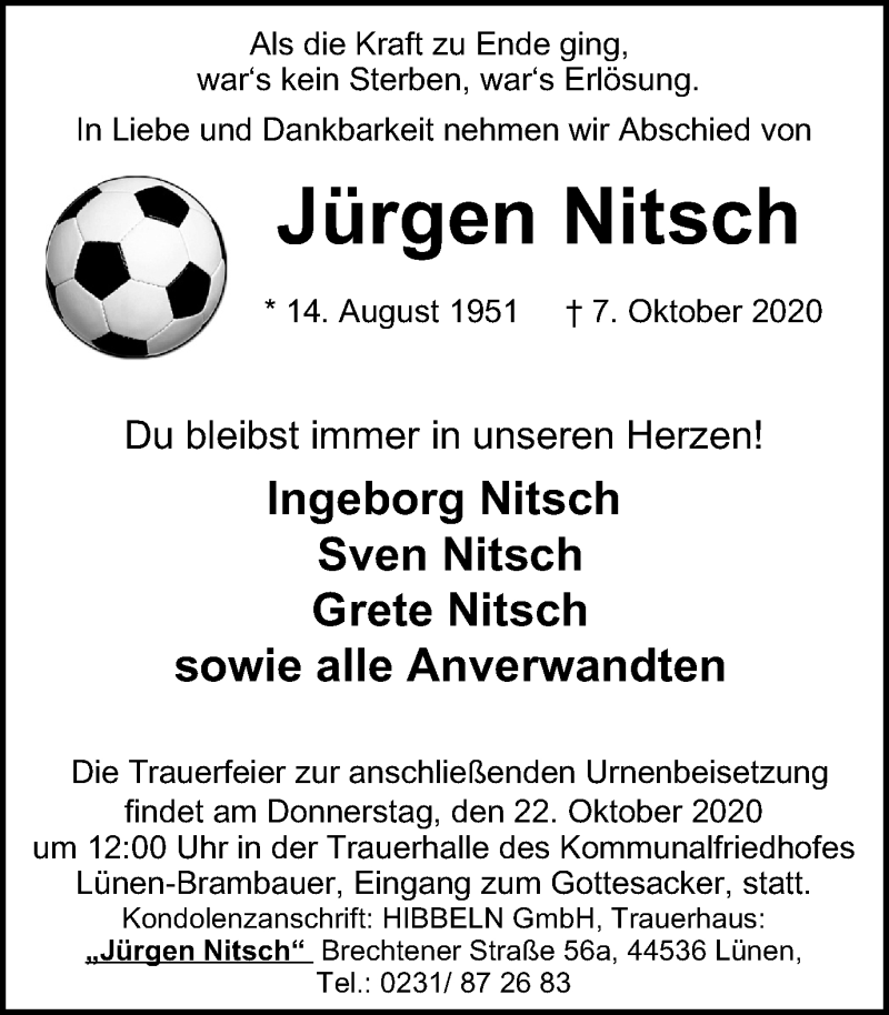  Traueranzeige für Jürgen Nitsch vom 17.10.2020 aus WVW Anzeigenblätter