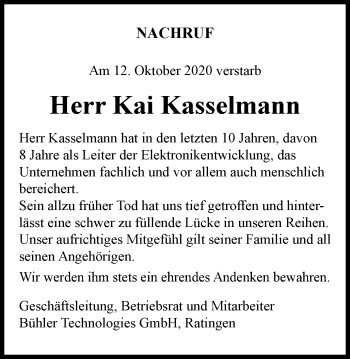 Traueranzeige von Kai Kasselmann von WVW Anzeigenblätter