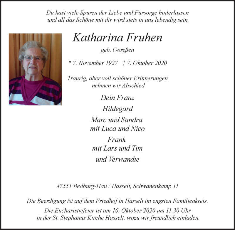  Traueranzeige für Katharina Fruhen vom 14.10.2020 aus WVW Anzeigenblätter