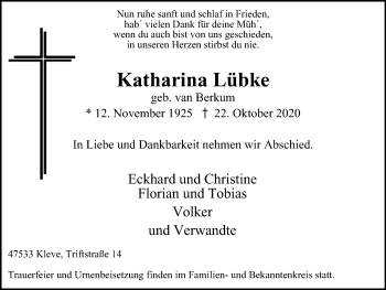 Traueranzeige von Katharina Lübke von WVW Anzeigenblätter