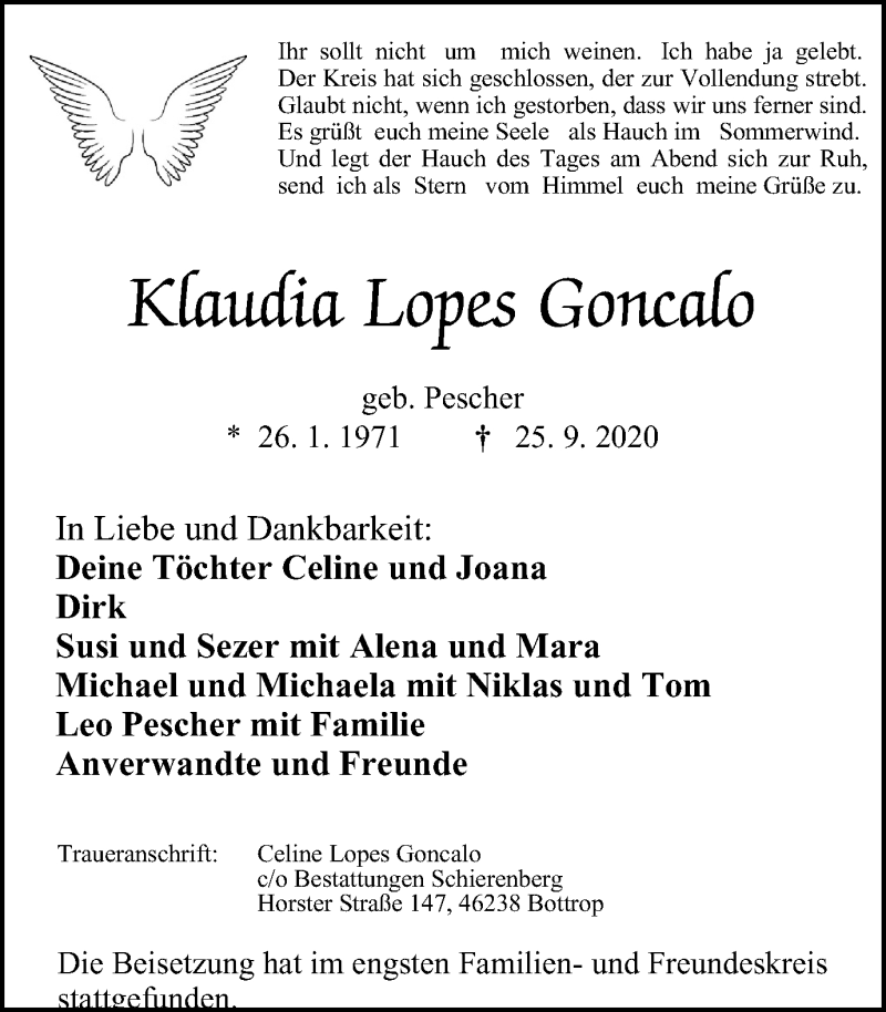  Traueranzeige für Klaudia Lopes Goncalo vom 07.10.2020 aus WVW Anzeigenblätter