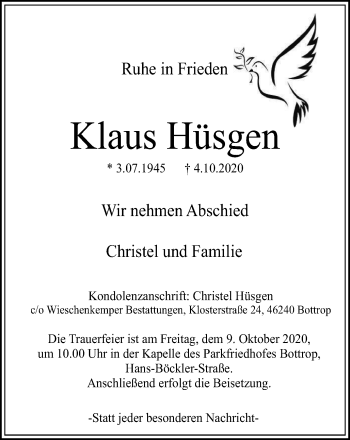 Traueranzeige von Klaus Hüsgen von WVW Anzeigenblätter