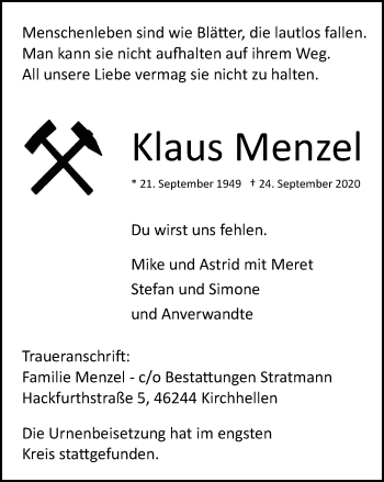 Traueranzeige von Klaus Menzel von WVW Anzeigenblätter