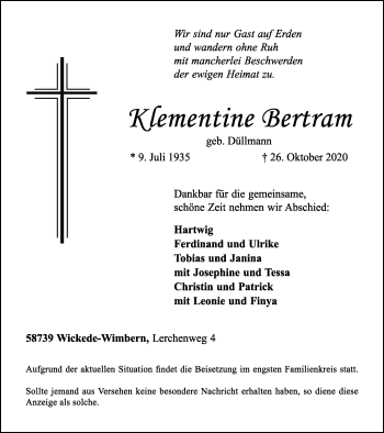 Traueranzeige von Klementine Bertram von WVW Anzeigenblätter