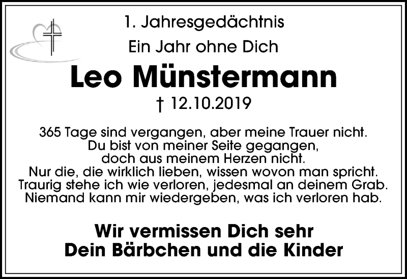  Traueranzeige für Leo Münstermann vom 14.10.2020 aus WVW Anzeigenblätter