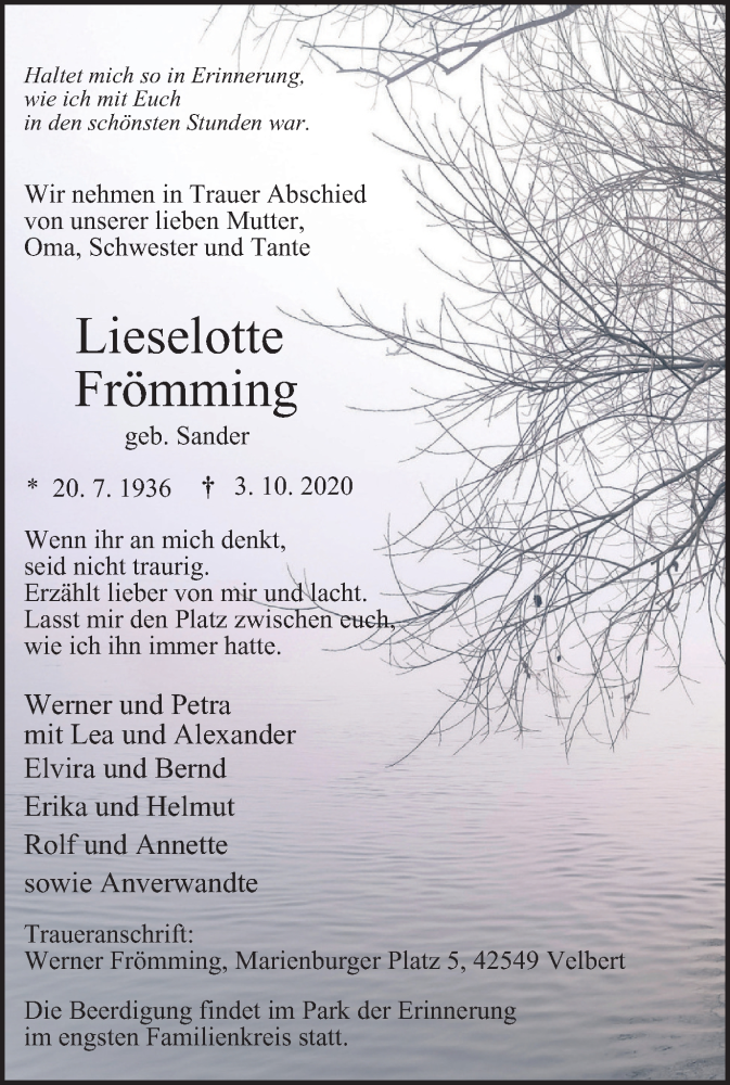  Traueranzeige für Lieselotte Frömming vom 10.10.2020 aus WVW Anzeigenblätter