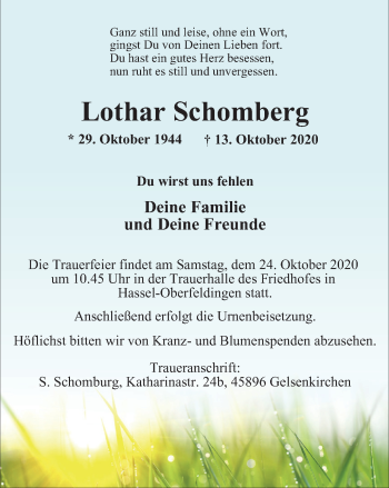 Traueranzeige von Lothar Schomberg von WVW Anzeigenblätter