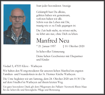 Traueranzeige von Manfred Neu von WVW Anzeigenblätter