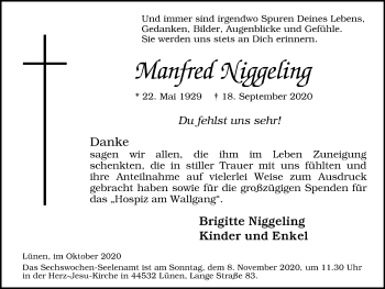 Traueranzeige von Manfred Niggeling von WVW Anzeigenblätter
