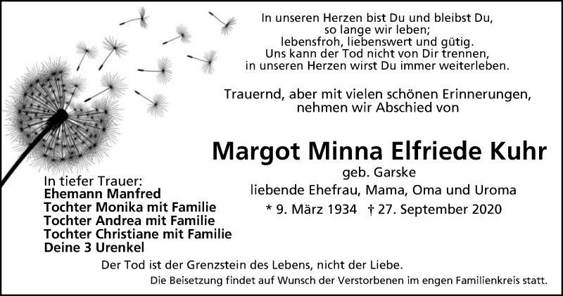  Traueranzeige für Margot Minna Elfriede Kuhr vom 07.10.2020 aus WVW Anzeigenblätter