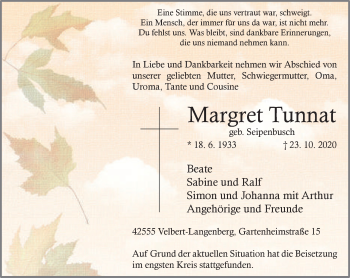 Traueranzeige von Margret Tunnat von WVW Anzeigenblätter