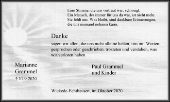 Traueranzeige von Marianne Grammel von WVW Anzeigenblätter