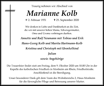 Traueranzeige von Marianne Kolb von WVW Anzeigenblätter