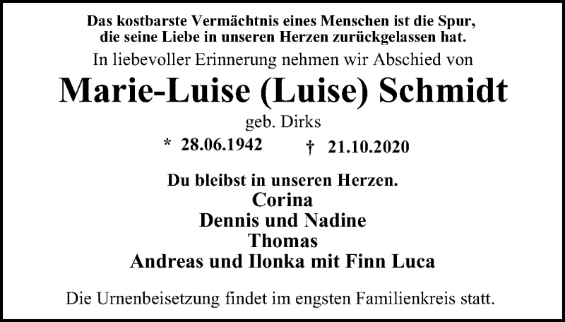  Traueranzeige für Marie-Luise Schmidt vom 31.10.2020 aus WVW Anzeigenblätter