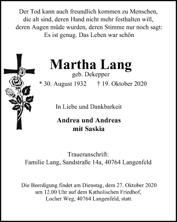Traueranzeige von Martha Lang von WVW Anzeigenblätter