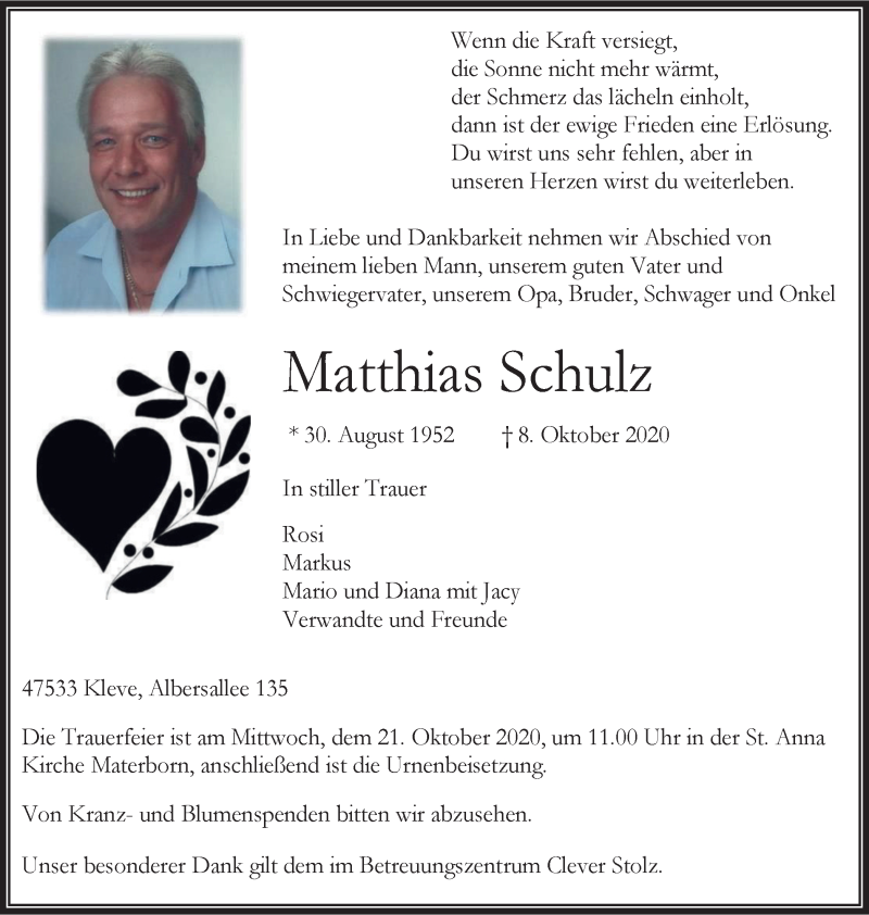  Traueranzeige für Matthias Schulz vom 17.10.2020 aus WVW Anzeigenblätter