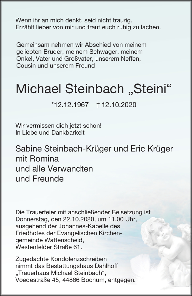 Traueranzeige für Michael Steinbach vom 17.10.2020 aus WVW Anzeigenblätter