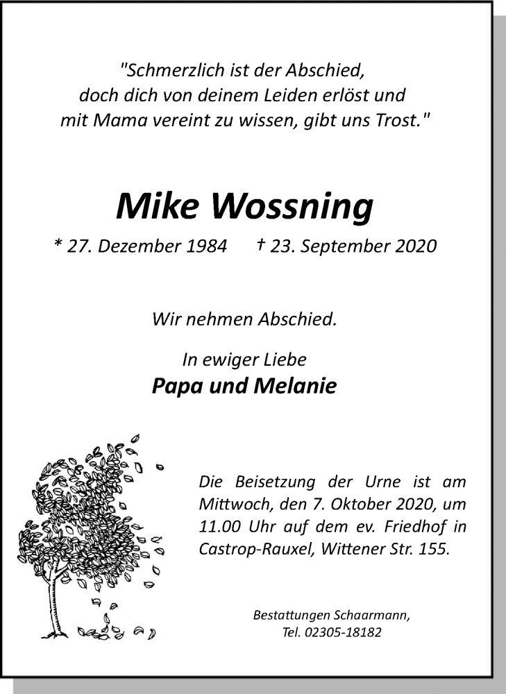  Traueranzeige für Mike Wossning vom 02.10.2020 aus WVW Anzeigenblätter
