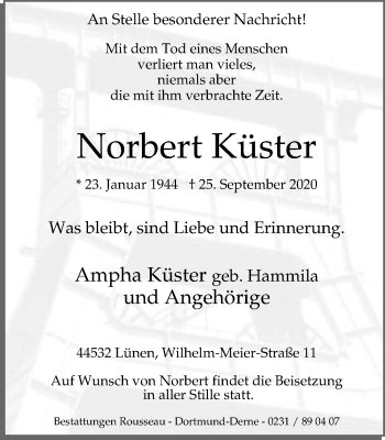 Traueranzeige von Norbert Küster von WVW Anzeigenblätter