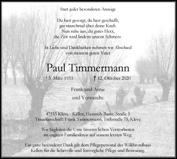 Traueranzeige von Paul Timmermann von WVW Anzeigenblätter